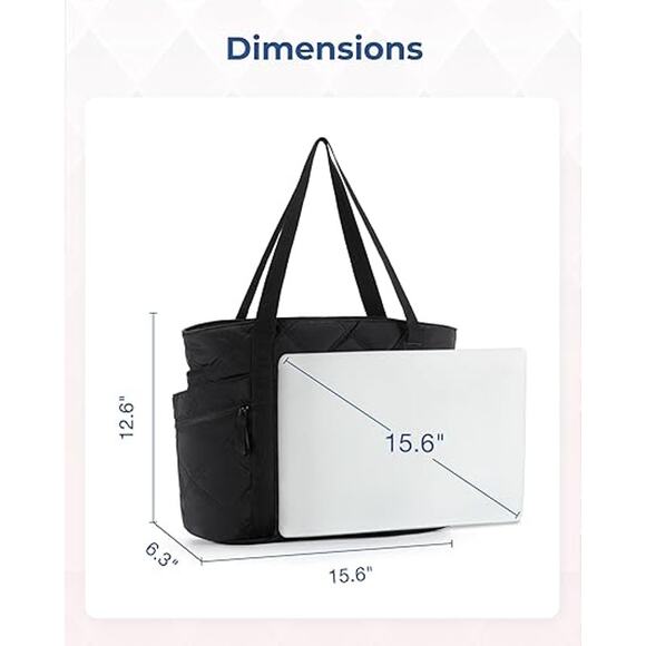 Black Quilted Nylon Laptop Tote – Lightweight Everyday Shoulder Bag Zip Pockets - Picture 3 of 5